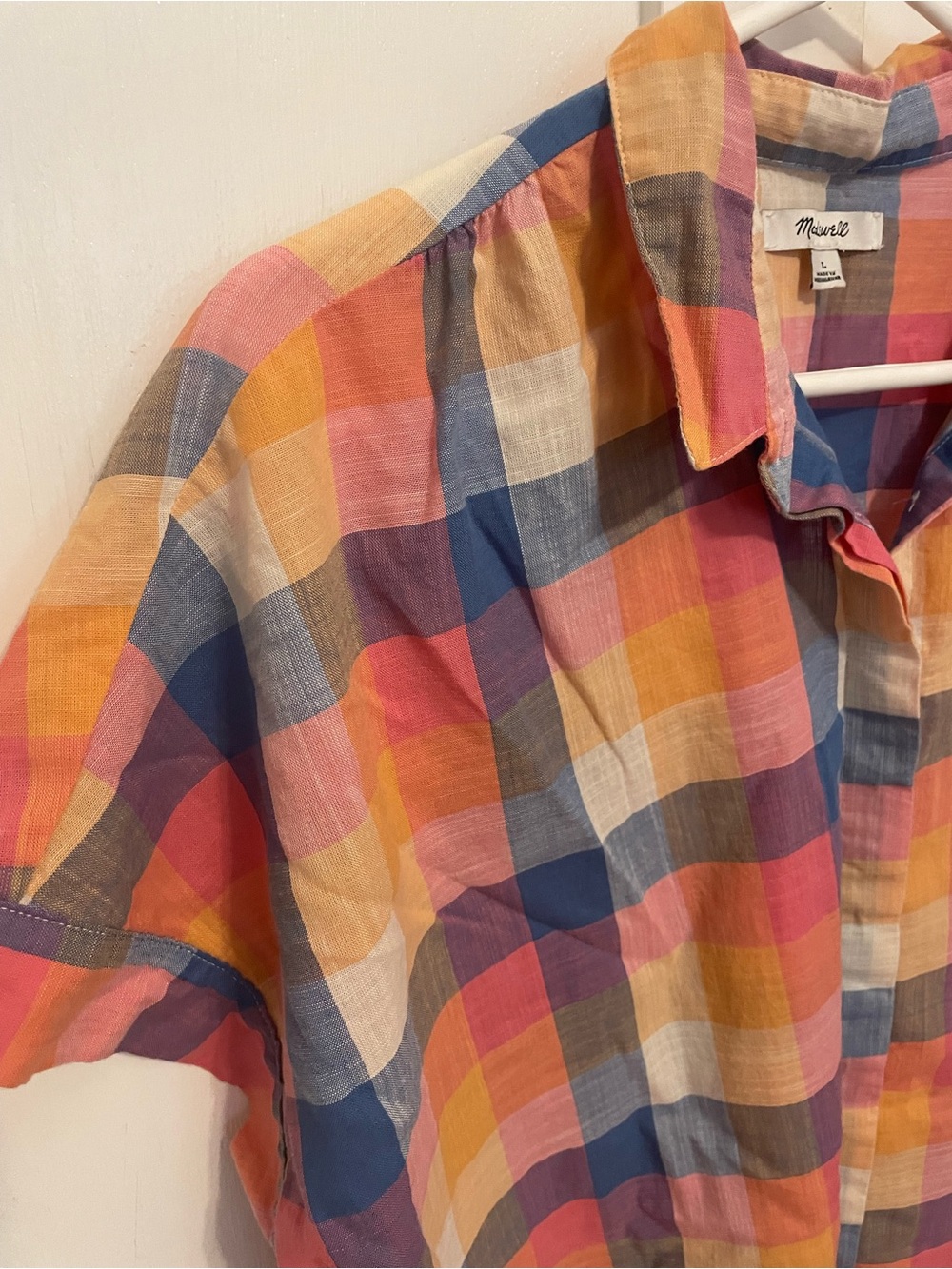 Madewell Plaid Button-Up Shirt in Pink, Orange & Blue - Picture 2 of 5